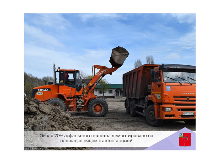 Около 70% асфальтного полотна демонтировано на площадке рядом с автостанцией. Около 70% асфальтного полотна демонтировано на площадке рядом с автостанцией.
