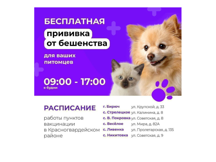 Напоминаем, что в Красногвардейском районе можно сделать бесплатную прививку от бешенства для домашних животных. Напоминаем, что в Красногвардейском районе можно сделать бесплатную прививку от бешенства для домашних животных.