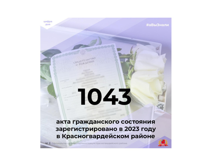 #аВыЗнали, что в 2023 году в Красногвардейском районе зарегистрировано 1043 акта гражданского состояния?. #аВыЗнали, что в 2023 году в Красногвардейском районе зарегистрировано 1043 акта гражданского состояния?.