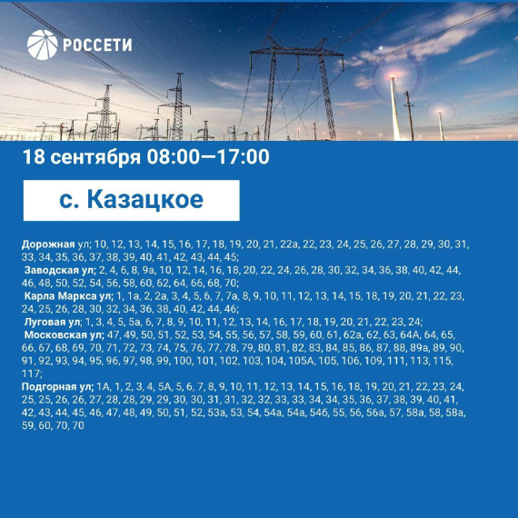 План отключения электроэнергии на период с 18 по 22 сентября 2023 года.