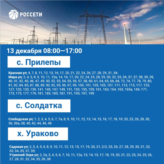 План отключения электроэнергии на период с 11 по 15 декабря 2023 года..