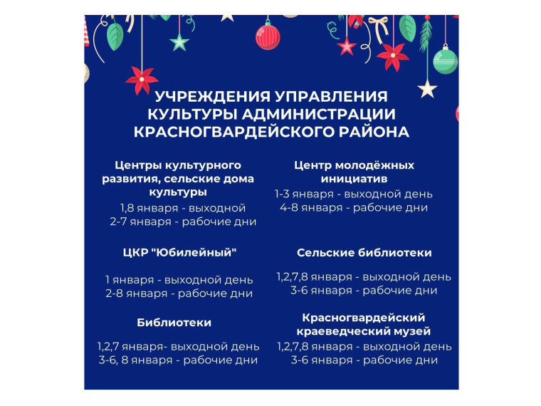 Информация с графиком работы бюджетных учреждений района на новогодние праздники.